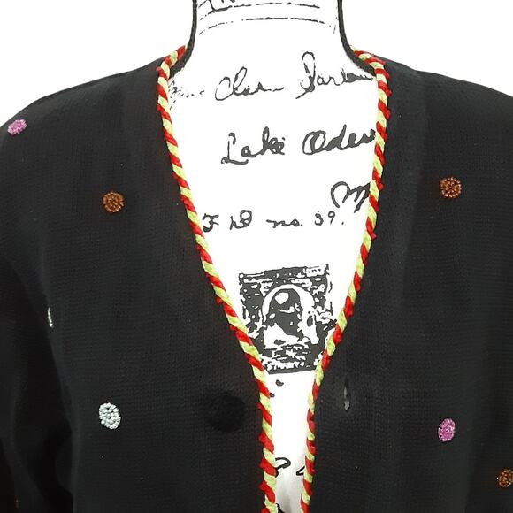 Vintage 90s Cat Cardigan Sweater Black Button Up Embroidered Women L Art to Wear - Picture 6 of 11